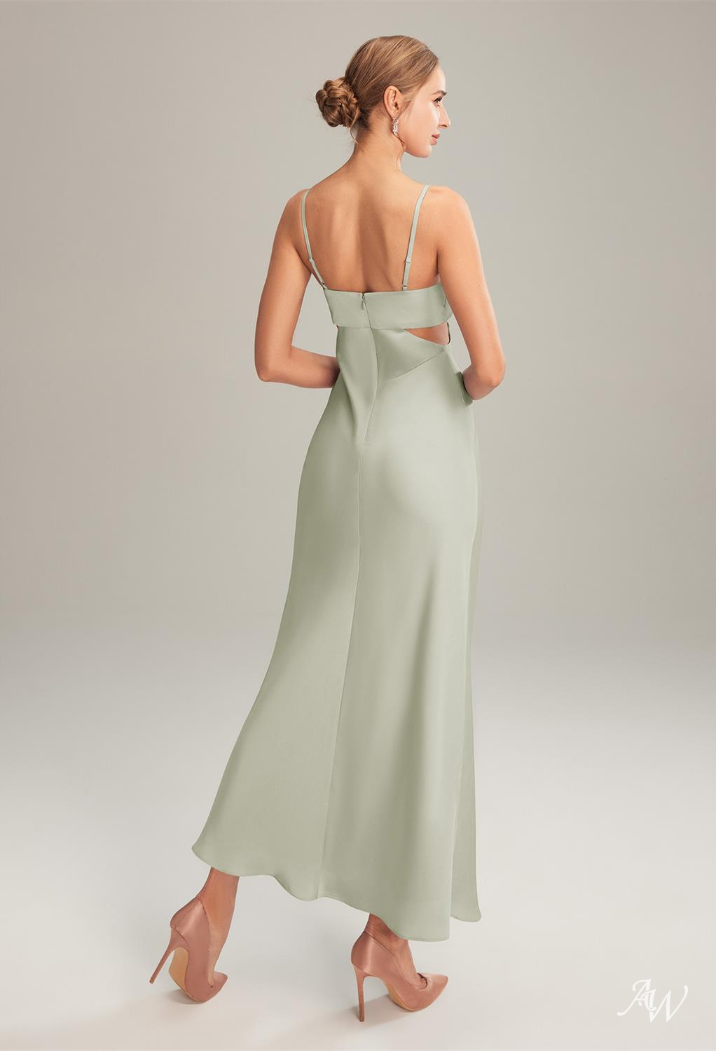 AW Odele Sage Green Satin Charmeuse Bridesmaid Dresses image2